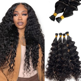 Curly I Tip Hair Extensions Human Hair Natural Black 12 Inch Pre Bonded Deep Wave I Tip Extensions for Black Women 100 Strands 50Grams Full Head 100% Real Human Hair Itip Extension