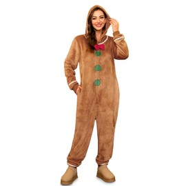 ALIREVERIE Womens Christmas Hooded Adult Fleece Onesie Warm Long Sleeve Novelty One Piece Pajamas Gingerbread M