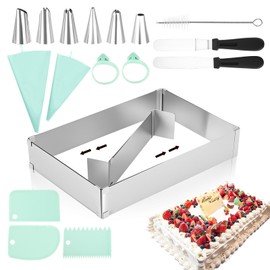 AiQInu Set Stampo per Torte Regolabile - Cornice Rettangolare/Quadrata Regolabile con Anello per Dolci, Teglia da Forno, Divisiore & Accessori per Torte & Dessert (18,5x27,5-34x52,5 cm)