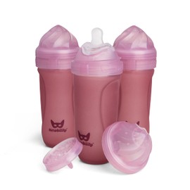 Herobility Glass Baby Bottle - 11 fl oz/320 ml - 3 Pack | Heat Sensing Color-Changing Bottle with Double Anti-Colic Nipple - Silicone Coating - Breastlike Nipples for Newborn Babies - Rose Color