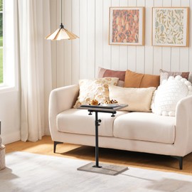 MAHANCRIS TV Tray Table, Sofa Armrest Tray Table for Couch, 360° Rotating and Adjustable Height End Table, Snack Side Table with Phone and Tablet Slot, Greige and Black ETHG4501