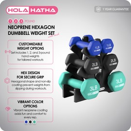HolaHatha 1, 2, and 3 Pound Neoprene Dumbbell Weight Set with Storage Rack Stand, Ideal Strength Training Home Gym Workout Equipment for Muscle Toning