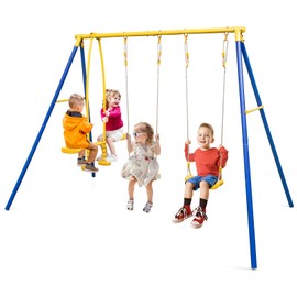 HONEY JOY Swing Sets for Backyard, Heavy Duty Metal A-Frame Swing Stand w/ 2 Belt Swings & Glider, Ground Stakes, Playground Swingset Outdoor for Kids, Swing Set for Toddlers 3-12