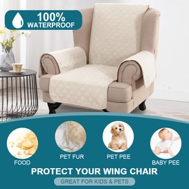 GAMUKAI 100% Waterproof Wing Chair Cover – Triple Non-Slip Armchair Slipcover,Furniture Protector for Pets, Kids & Dogs (Fits Wingback Chairs, Sofas) (Ivory)