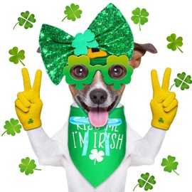 St Patrick's Day Dog Costume Set 3 Pieces I'm Irish Shamrock Dog Bandana Set Include Dog Scarf Green Dog Tutu and Dog Bowtie Headband