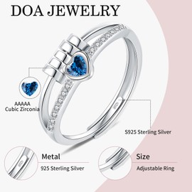 Birthstone Jewellery for Women, Adjustable December Birthstone Fidget Ring, Sterling Silver Plated Fidget Gifts, Blue Anxiety Heart Rings for Daughter Birthday Christmas