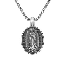 Virgin Mary Medal Necklace, Titanium Steel Catholic Protection Pendant Amulet Necklace Religious Jewelry for Men Women