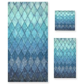 ALAZA Mermaid Bath Towel Set Ocean Blue Teal Fish Scales Geometric Rhombus Luxury Decorative Set of 3, 1 Bath Towel 1 Hand Towel 1 Washcloth Soft Multipurpose for for Bathroom Hotel Gym Yoga Spa