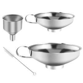 Set of 4 Stainless Steel Funnels, Jam Funnel, Stainless Steel Preserving Funnel with Handle, for Transferring Spices, Liquids, Powder, Beans, Jam (3 Sizes, 1 Brush)