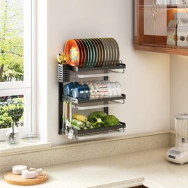 PUSDON Wall Mounted Dish Drying Rack, 3 Tier Stainless Steel Hanging Dish Drainer with Cutlery Holder, Drainboard and Hooks, Fruit Vegetable Kitchen Supplies Plates Bowls Cups Storage Shelf, Black