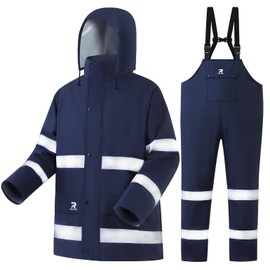 Rain Suits for Men Women Waterproof Reflective Rain Coat and Bib Pants for Safety Heavy Duty Rain Gear Fishing（Navy, XXL）