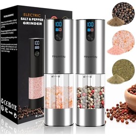 Electric Salt and Pepper Grinder Set - Upgraded Larger Capacity, with display screen and LED lights, USB Rechargeable, Adjustable Coarseness, 2 Pack(silver)
