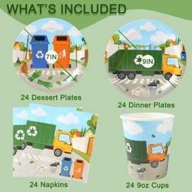 Garbage Truck Birthday Party Supplies (Serves 24) Dinner Plates, Dessert Plates, Cups, Napkins. Trash Baby Shower and Birthday Decorations for Kids, Boys, Girls and More