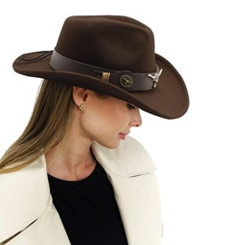 Western Cowboy Hat Wide Brim Felt Cowgirl Fedora Classic Panama Cowboy Hat with Belt Buckle for Women Men Brown