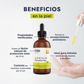 Hebbe Aceite de Nuez de Macadamia 50 ml Prensado en Frío 100% Puro Hidratante Piel y Cabello Textura Ligera sin Grasa Nutritivo