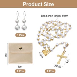 NYGGTYK 1 cross bead necklace, 1 pair of pearl earrings, 1 piece jewellery bag Catholic rosary jewellery set, vintage cross rosary decoration., One size