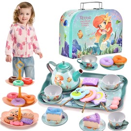 Juguetes de Fiestas de Té Para Niñas, 48 Piezas Juego de Té de Mermaids, Juego de Simulación de Cocina con Tazas de Tetera, Postres y Funda de Transporte, Fiesta de Té de Princesa, Regalo para 4+ Año