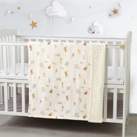 CREVENT Organic Muslin Cotton Baby Blanket for Newborns, Soft Mink Backing, Essential for Baby Shower, Birthday Gift - Animal 75 x 100 cm