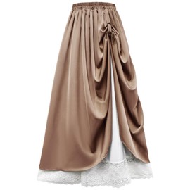 ATENTO Women Renaissance Style Skirt, Medieval Victorian Pirate Cosplay Costume Double Layered Maxi Long Skirts, Brown, Small