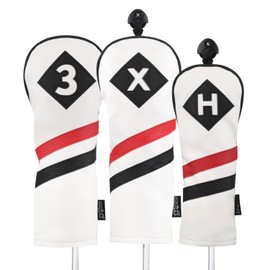 Majek Retro Golf Headcovers White Red and Black Vintage Leather Style 3 X H Fairway Wood and Hybrid Head Cover Classic Look