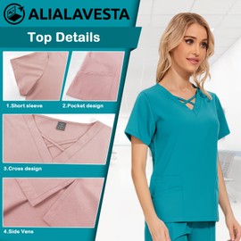 ALIALAVESTA Scrubs for Women Set,Comfortable Breathable Scrub Tops and Scrub Pants, Easy Care, Medical Nursing Uniforms Set(Lake blue,M)