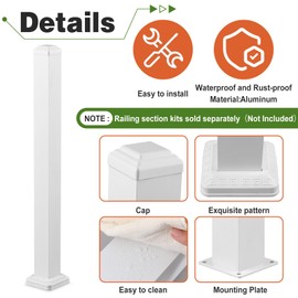 Otoolling Aluminum Railing Deck Post Kit 3" x 3" x 39" Include 1 Pcs Porch Deck Railing Fence Post Handrail 4 Pcs Expansion Screws Made with Heavy Duty Powder Coated, Rust-proof, Fit 36" Height(White)