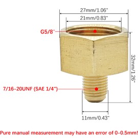 1 Piece Brass Flare Adapter Gas Connection Fitting, G5/8" Female to 7/16-20UNF (SAE 1/4") Flare Male Pipe Adapter Hose Fitting