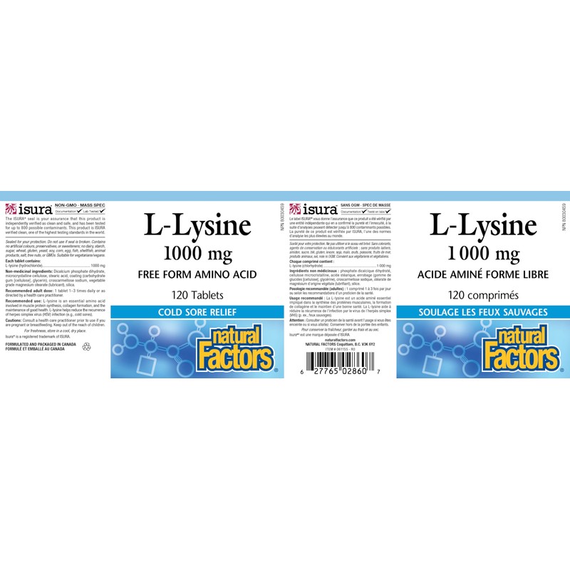 Natural Factors L-Lysine 1000mg, 120 tablets, Double Strength Formula, Reduces