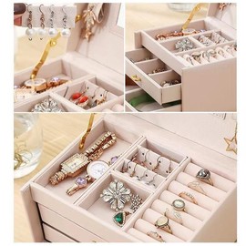 LSDZHK Portable three-layer jewellery box high-grade with lock PU leather drawer earrings earrings jewellery storage (Sakura Pink)