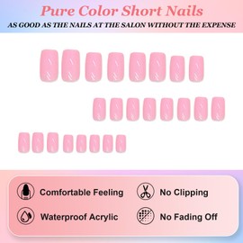 Ceboic Stick-On Nails, Short Square Press On Nails, Shiny Pure Colour Artificial Nails, Acrylic, Full Cover False Nails, French Artificial Nails, Fake Nails for Women and Girls, Pack of 24 (Pink)