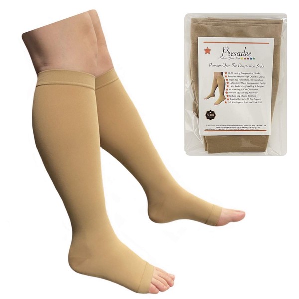 Presadee Premium Sheer 15-20 mmHg Moderate Compression Leg Calf Open Toe Socks (Beige, numeric_4)