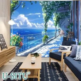 U-SITU GTWH1421B Tapestry Wall Hanging Wall Decor Veranda Blue Sea Landscape Stylish Background Multifunctional Cloth Poster Interior Atmosphere Change (Size: Length 39.4 x Width 59.1 inches (100 cm)