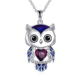 YAFEINI Owl Necklace Jewelry Gifts for Women Sterling Silver Filigree Owl Pendant Necklace Christmas Jewellery for Women Girls (A-Purple Crystal)