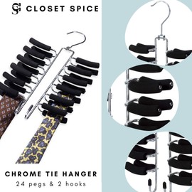 Closet Spice Chrome Tie (Black) Hanger, 24 Tie Organizer Rack Hanger, Padded with Foam for Crease-Free Protection, 2 Belt Hooks, 360 Chrome Swivel Hook with 2 Pegs for Belts & Scarves