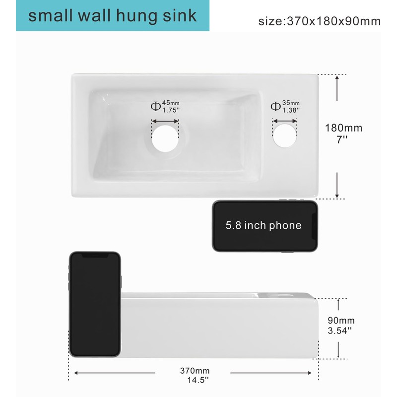 J-FAMILY Small Wall Mount Bathroom Sink Rectangle Ceramic Mini Vessel