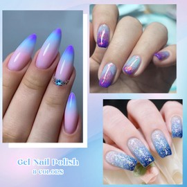 8Pcs Color Changing Gel Nail Polish Set Nude Pink Purple Blue Temperature Color Changing Gel Polish Glitter Temperature Mood Changed Nail Polish Gel Manicure Kit