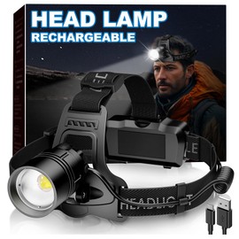 Fulighture Headlamp Rechargeable, LED Aluminum Alloy Super Bright 5 Modes & IPX6 Zoom USB Rechargeable Head lamp, 90°Angle Adjustable for Outdoor Indoor Camping Running Car Repair