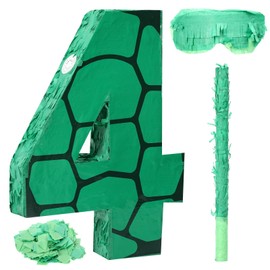 Gemscream Number 4 Cartoon Turtle Theme Piñata Set 13.7 x 9.8 x 1.9 Inch Green Turtle Piñata with Blindfold Stick and Confetti for Kids Boys Girls Animal Birthday Decoration Supplies Game Props