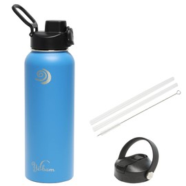 Yerbam 40oz Stainless Steel Insulated Water Bottle One-Touch Open Chug Lid & Covered Straw Lid Wide Mouth Direct Drink Dishwasher Safe Leakproof Sweat-Free BPA-Free (Silver Lake Blue)