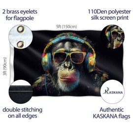 Affe mit Kopfhörern Flagge – Groß Lustige Flagge – Beidseitiger Druck – 110D Polyester – Doppelnaht – 2 Messingösen, groß 90x150 cm (5 x 3 Fuß)
