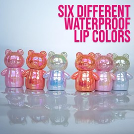 Glam Lux 27 Bundle Set of 6 Sugar Bear Lip Gloss Matte Waterproof 24 Hour Long Lasting Lip Glaze Pigmented Reds, Nudes, Pinks Holographic Cute Bear For Women, Girls, Teens, Tweens