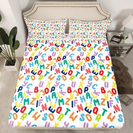 3D Alphabet Bed Set Colorful English Alphabet Sheet Set for Kids Boys Adults Cartoon Bed Sheets Learning 26 Letters Decor Sheets Bedroom Collection 4Pcs Full Size