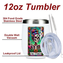 Funny Skeleton Tarot Card Sarcastic Wine Tumbler, Skull Gothic Witch Stuff Goth Witchy Gifts for Women Bestie Birthday Christmas Coffee Cup Insulated Stainless Steel 12oz Wine Glass with Lid, Straw