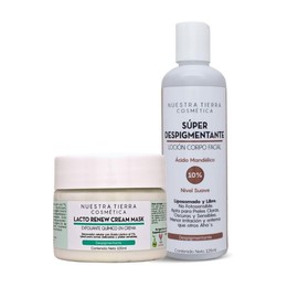 Nuestra Tierra Cosmetica Kit Despigmentante, Loción Super con Ácido Mandélico 10% y Lacto Renew Cream Mask, Tratamiento Facial y Corporal, 125ml + 100ml