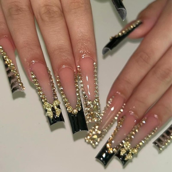 TENPAL Long Square Press On Nails,Shimmery French Tip Designs Gold