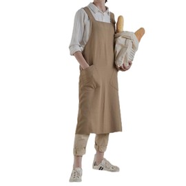MUMOHO Japanese Linen Cross Back Kitchen Cooking Aprons for Men with Pockets for Baking Painting Gardening Cleaning khaki