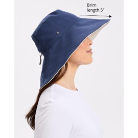 Solbari Ultra Wide Cotton Linen Hat UPF50+ Packable UV Sun Protection Hat with Large Brim and Detachable Strap (Large - XLarge, Navy/Beige)