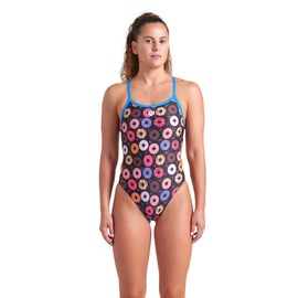 ARENA Women’s Performance Donuts Challenge Back Athletic One Piece Swimsuit Competitive Sports Swimming Training Chlorine Resistant Swimwear, Black Multi/Blue River, US Size 32
