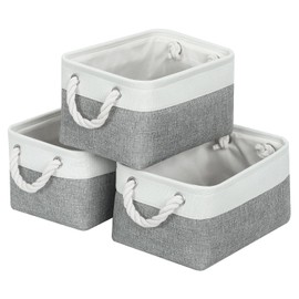 Patvingot Storage Baskets 12.2” x 8.2” x 6.2” for Shelves,Canvas Storage Boxes with Handles, Fabric Storage Bins for Organizing Home and Clothes, Office(Small-3 Pack, White/ Grey)