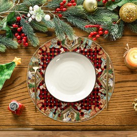 Artoid Mode Black Red Buffalo Plaid O Holy Night Merry Christmas Round Placemats Set of 4,14 Inch Winter Round Table Mats for Dining Decoration